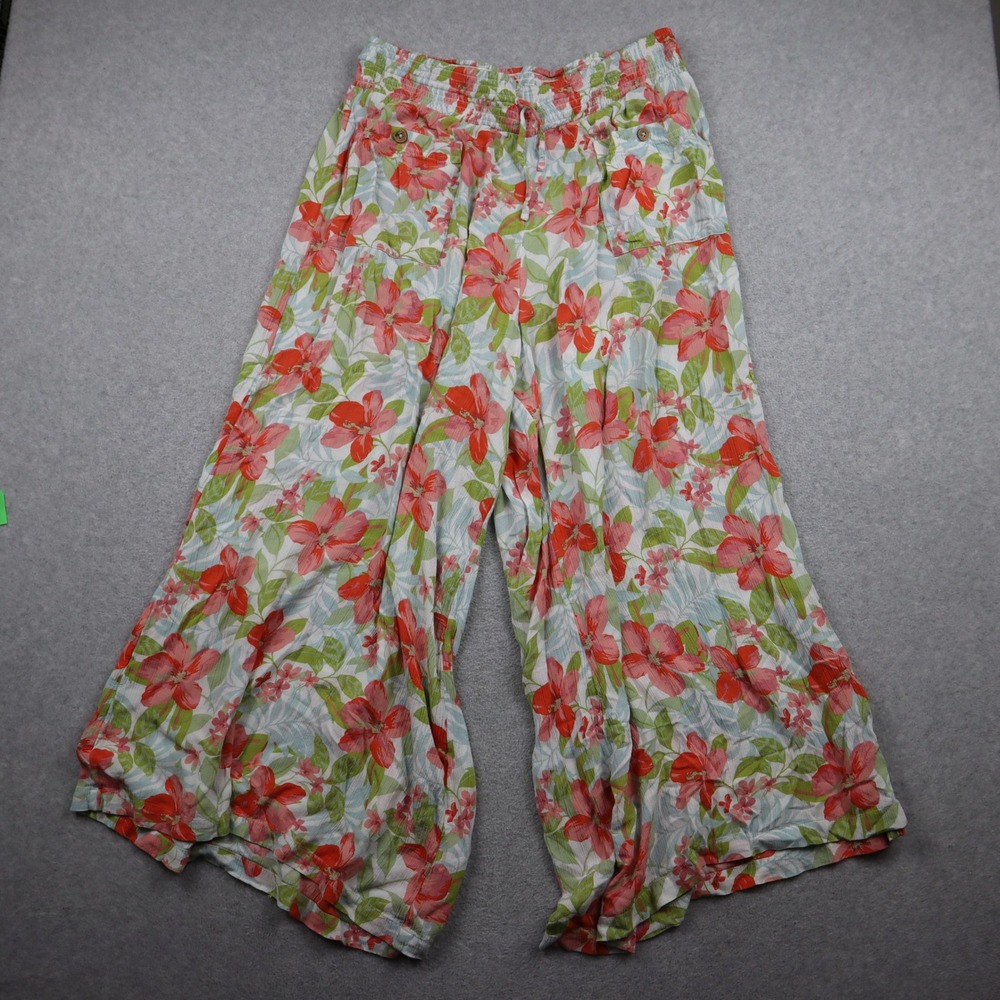 Roxy Pants Women XL Floral Wide Leg Multicolor Smocked Waist Viscose Beach Boho